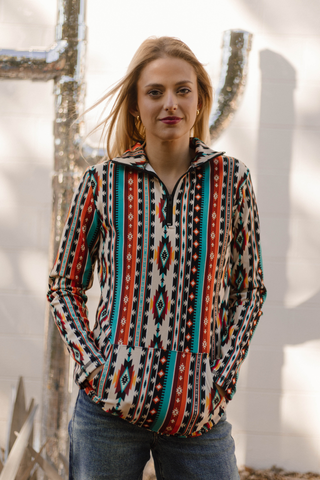 Sterling Kreek Sunburst Stampede Pullover with sunburst Aztec print – women’s Western fleece top