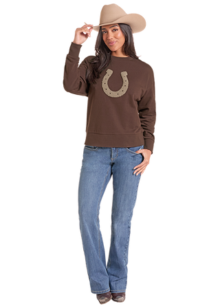 Panhandle Slim Women's Horseshoe Appliqué Crewneck Sweatshirt – Brown