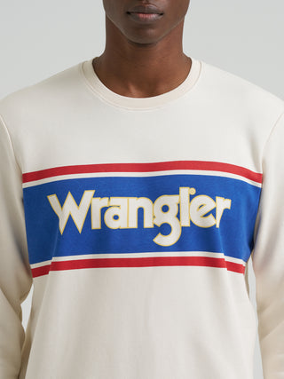 Wrangler Men’s Retro Logo Crewneck sweatshirt in white with blue and red stripe graphic, long sleeves, ribbed trim, and vintage Wrangler logo across chest.