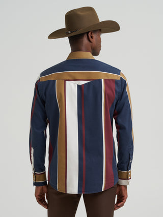 Wrangler men’s Retro Brushpopper long sleeve snap shirt featuring navy, burgundy, gold and cream vertical stripes, pearl snaps, Western yokes, and dual chest pockets.