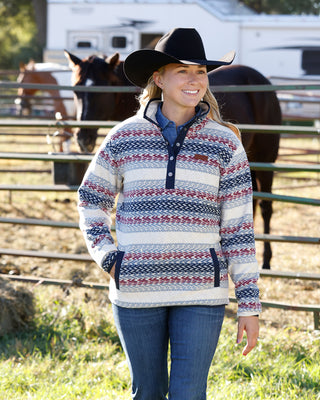 Cinch Women’s Navy and Maroon Stripe fleece pullover styled with jeans and cowboy hat