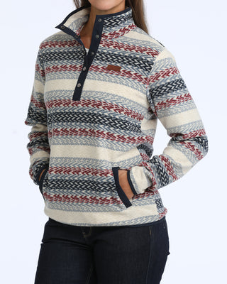 Cinch Women’s striped fleece pullover with snap collar and hand pockets