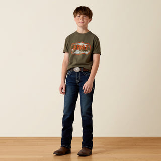 Ariat Boys B5 Slim Fit Straight Leg Mineral Blue jeans styled with cowboy boots and Western belt