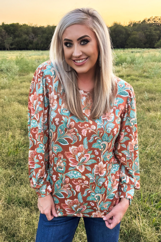 Sterling Kreek Women’s Wild Paisley long sleeve Western top with turquoise and rust floral print