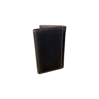 Back view of Ariat men's two-tone leather trifold wallet featuring dark pebbled leather and contrast stitching