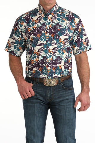 Cinch men’s purple and cream Hawaiian print short sleeve Arena Flex western shirt with tropical pattern and chest pocket logo