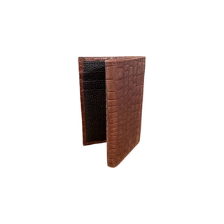 Nocona Men’s brown genuine leather trifold wallet with embossed caiman print exterior, multiple card slots, clear ID window, and full-length bill compartment.