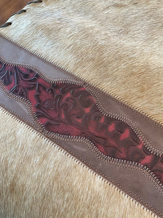 8ft Blonde & White Cowhide Table Runner with Red Embossed Detailing and Fringe - Cowboy Swagger8ft Blonde & White Cowhide Table Runner with Red Embossed Detailing and Fringe