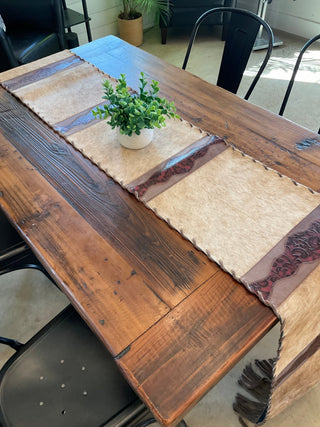 8ft Blonde & White Cowhide Table Runner with Red Embossed Detailing and Fringe - Cowboy Swagger8ft Blonde & White Cowhide Table Runner with Red Embossed Detailing and Fringe