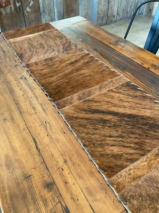 8ft Brown Brindle Cowhide Table Runner with Leather Stitching and Fringe - Cowboy Swagger8ft Brown Brindle Cowhide Table Runner with Leather Stitching and Fringe