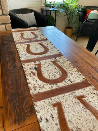 8ft Cowhide Table Runner with Horseshoe Design and Leather Fringe - Cowboy Swagger8ft Cowhide Table Runner with Horseshoe Design and Leather Fringe