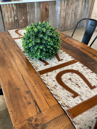 8ft Cowhide Table Runner with Horseshoe Design and Leather Fringe - Cowboy Swagger8ft Cowhide Table Runner with Horseshoe Design and Leather Fringe