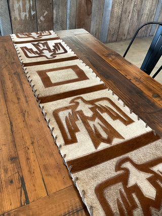 8ft Cowhide Table Runner with Thunderbird Design and Fringe - Cowboy Swagger8ft Cowhide Table Runner with Thunderbird Design and Fringe