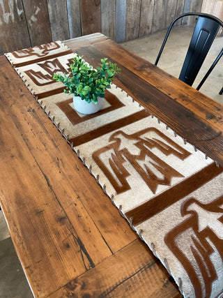 8ft Cowhide Table Runner with Thunderbird Design and Fringe - Cowboy Swagger8ft Cowhide Table Runner with Thunderbird Design and Fringe