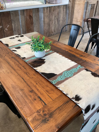8ft Cowhide Table Runner with Turquoise Tooled Leather Accents and Fringe - Cowboy Swagger8ft Cowhide Table Runner with Turquoise Tooled Leather Accents and Fringe