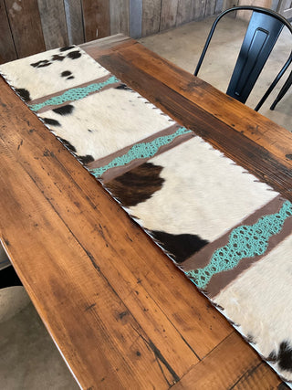 8ft Cowhide Table Runner with Turquoise Tooled Leather Accents and Fringe - Cowboy Swagger8ft Cowhide Table Runner with Turquoise Tooled Leather Accents and Fringe