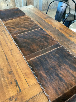 8ft Dark Brindle Cowhide Table Runner with Buck Stitch Leather Trim & Fringe - Cowboy Swagger8ft Dark Brindle Cowhide Table Runner with Buck Stitch Leather Trim & Fringe