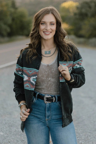 90s Vibes Bomber Jacket – Retro Aztec Print Western Jacket - Cowboy Swagger90s Vibes Bomber Jacket – Retro Aztec Print Western Jacket