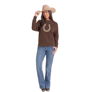 Panhandle Slim Women's Horseshoe Appliqué Crewneck Sweatshirt – Brown