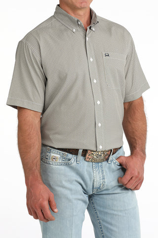 Cinch men’s ArenaFlex short sleeve white geometric print western shirt with blue and tan pattern
