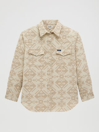     Close-up of Wrangler Women’s Cream Aztec Snap Shacket chest pocket and snap details