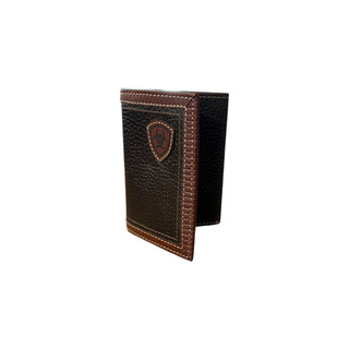 Ariat men's two-tone leather trifold wallet with dark brown pebbled leather, brown trim and stitched shield logo patch