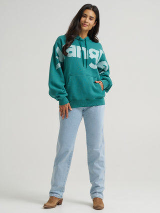 Wrangler women’s teal oversized logo hoodie with kangaroo pocket and oversized front logo