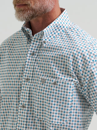 Wrangler George Strait Long Sleeve White and Teal Geo Print Western Shirt on model