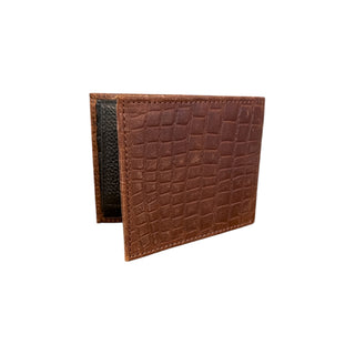 Nocona Men’s brown genuine leather bifold wallet featuring an embossed caiman print exterior and removable passcase with dual ID windows.