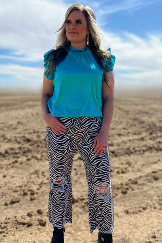     Sterling Kreek Turquoise Babydoll Top full outfit with flutter sleeves