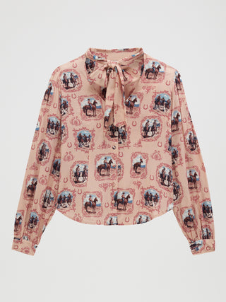 Wrangler women’s pink Western blouse featuring vintage cowgirl cameo print and self-tie neck bow