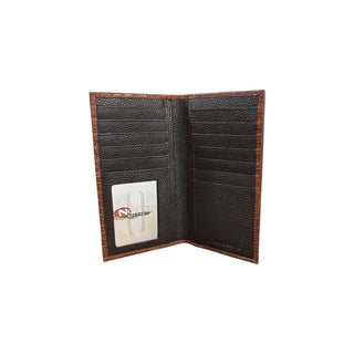 Nocona Men’s brown genuine leather rodeo wallet with embossed caiman print exterior, multiple card slots, clear ID window, and full-length bill compartment.