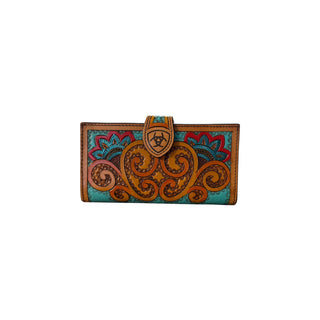 Ariat women’s paisley painted tooled leather wallet in turquoise red and brown