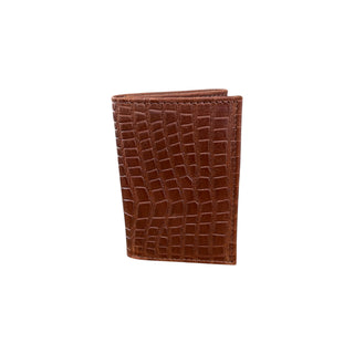 Nocona Men’s brown genuine leather trifold wallet with embossed caiman print exterior, multiple card slots, clear ID window, and full-length bill compartment.