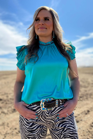     Sterling Kreek Turquoise Babydoll Top full outfit with flutter sleeves