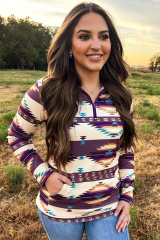Sterling Kreek Women’s Dusty Violet purple Southwestern 1/4 zip pullover front view