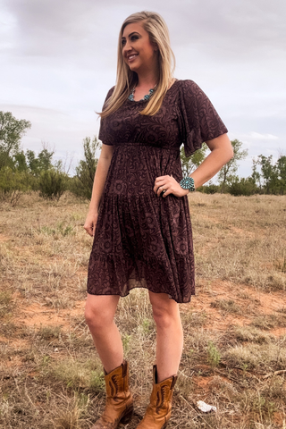 Sterling Kreek women’s bronzed floral western dress with flutter sleeves