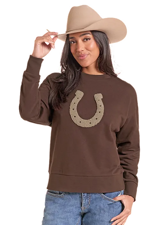 Panhandle Slim women's brown crewneck sweatshirt featuring a large tan textured horseshoe appliqué, long sleeves, and ribbed hem.