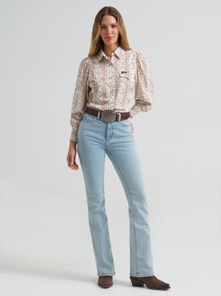 Wrangler women’s white floral Western snap blouse with smocked sleeves and pearl snap front