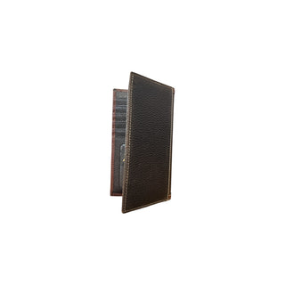Ariat men's two-tone leather rodeo wallet back view showing dark brown pebbled leather texture and stitched edges