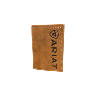 ariat large logo leather trifold wallet brown genuine leather western wallet with card slots cash compartment and id window