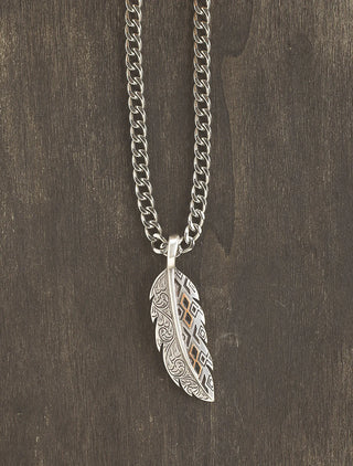 Silver Strike men's Aztec feather chain necklace with silver-tone feather pendant and curb chain