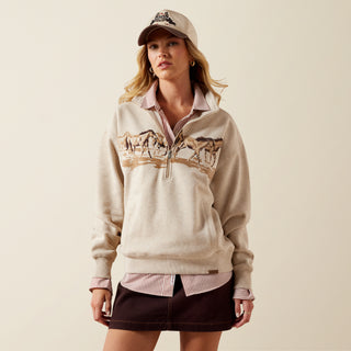 Ariat Women’s Running Wild half zip sweatshirt with western horse graphic in neutral brown and tan tones