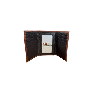 Nocona Men’s brown genuine leather trifold wallet with embossed caiman print exterior, multiple card slots, clear ID window, and full-length bill compartment.