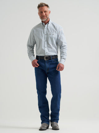 Wrangler George Strait Long Sleeve White and Teal Geo Print Western Shirt on model
