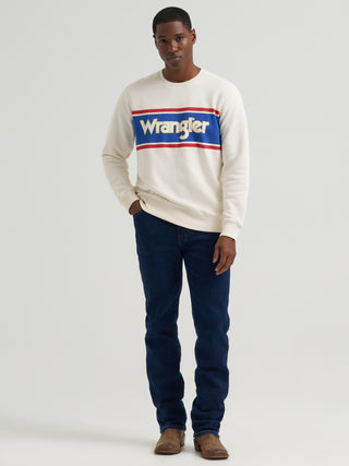 Wrangler Men’s Retro Logo Crewneck sweatshirt in white with blue and red stripe graphic, long sleeves, ribbed trim, and vintage Wrangler logo across chest.