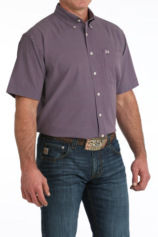 Cinch men’s purple geo print short sleeve Arena Flex western shirt with button down collar and chest pocket logo