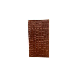 Nocona Men’s brown genuine leather rodeo wallet with embossed caiman print exterior, multiple card slots, clear ID window, and full-length bill compartment.
