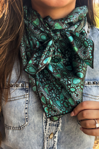 Sterling Kreek Cowgirl Cluster turquoise print wild rag tied around neck with denim Western shirt