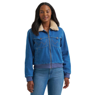 Wrangler Women’s Retro blue denim bomber jacket with cream sherpa collar and Western pocket stitching